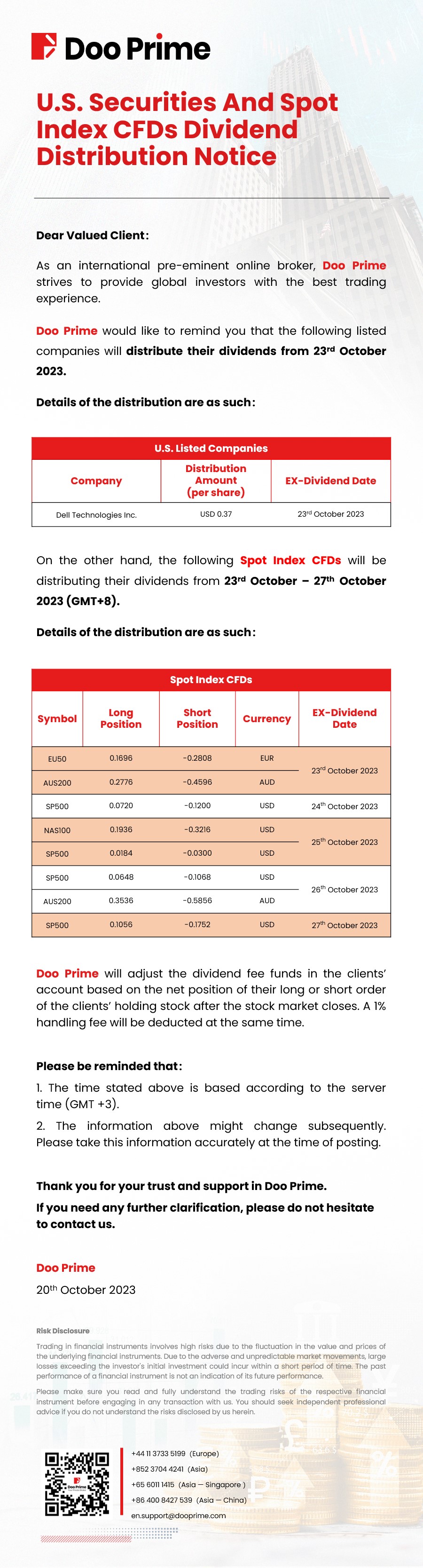 Doo Prime U.S. Securities And Spot Index CFDs Dividend Distribution Notice